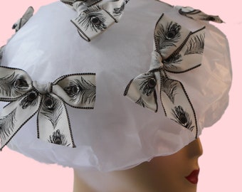 Perfect for Mother’s Day! The Original Bouffant Designer Shower Cap, Feathers on Beige bows.