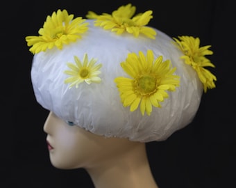 Designer Shower Cap, Wild Child (yellow), covered in daisy's, 5 different yellow flowers, handmade in Dallas Texas.