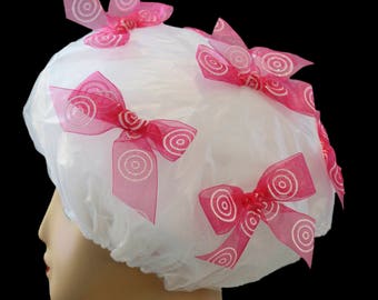 Cherry Daiquiri. designer shower cap, made with pink ribbon bows.