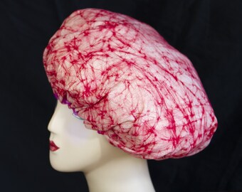 Red and cream all over design, very Liberty of London, Designer Shower Cap because it is made with Liberty of London fabric. Only 1 left.