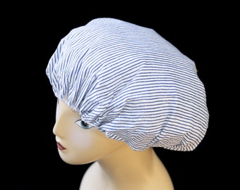 Stripes, stripes, stripes, blue & white! Blue and white striped, Liberty of London fabric, designer shower cap. This cap is seriously cute.