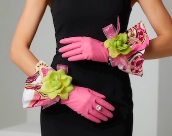 Dish Gloves, Handmade Designer Latex washing Gloves: Pink, Red, Green - Medium