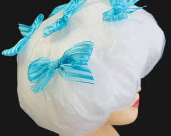 Bows, Handmade Designer Shower Cap with Bright blue and transparent striped ribbon Bows