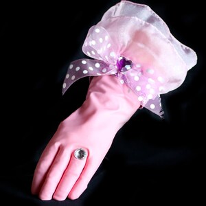 Lady Diamond Designer Dish Gloves, We LOVE this pair of gloves, pink latex, size medium, with a polka dot ribbon bow, purple sparkle band, jewel embellishment and of course a large diamond ring. (another product view)