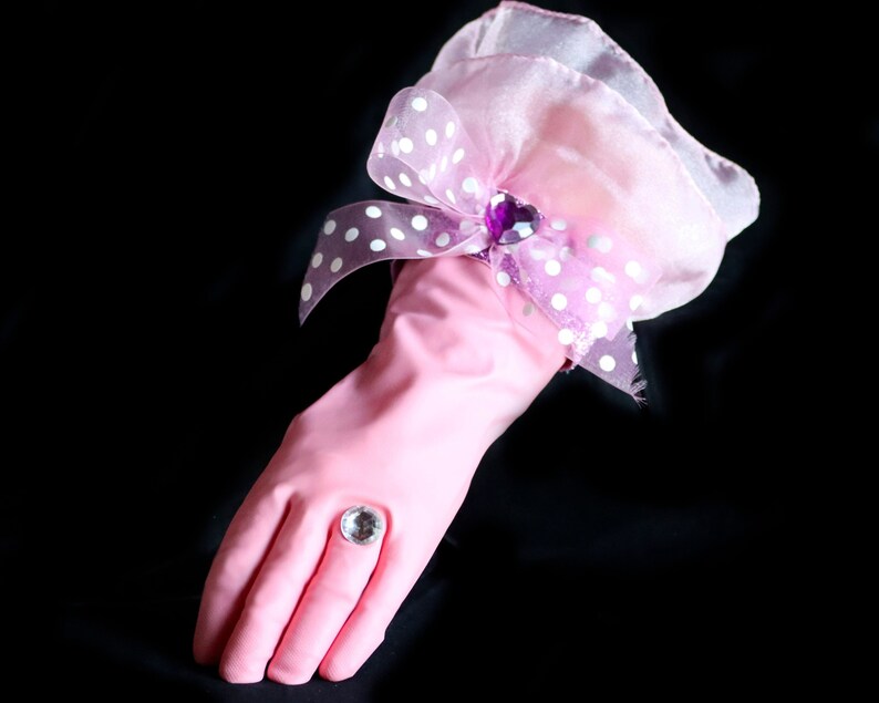 Lady Diamond Designer Dish Gloves, We LOVE this pair of gloves, pink latex, size medium, with a polka dot ribbon bow, purple sparkle band, jewel embellishment and of course a large diamond ring. (another product view)