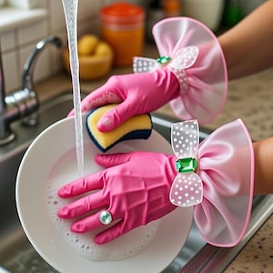 Pair of glossy hot-pink rubber gloves reimagined as glamorous accessories. Elbow-length latex with dramatic, voluminous sheer pink polka-dot organza ruffle cuffs, layered and sparkly. Accented by purple glitter ribbon, large polka-dot bow with purple gem, and a dazzling crystal ring on one finger. Playful, campy, feminine flair.