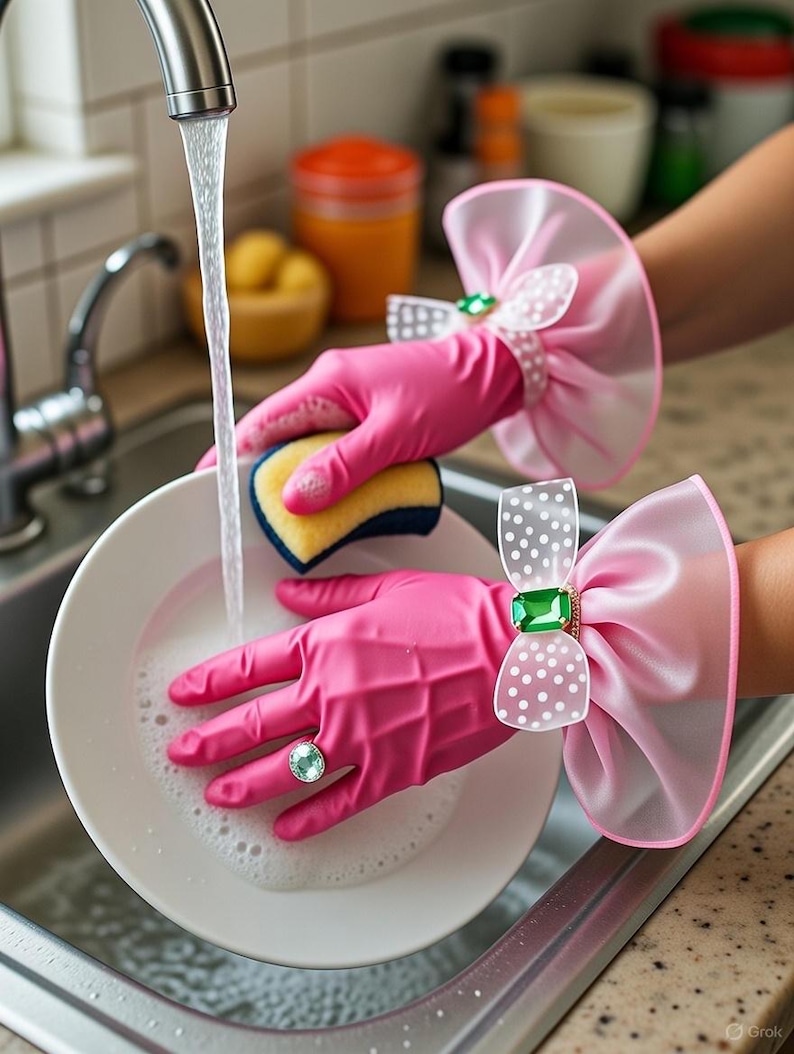Pair of glossy hot-pink rubber gloves reimagined as glamorous accessories. Elbow-length latex with dramatic, voluminous sheer pink polka-dot organza ruffle cuffs, layered and sparkly. Accented by purple glitter ribbon, large polka-dot bow with purple gem, and a dazzling crystal ring on one finger. Playful, campy, feminine flair.