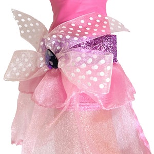Lady Diamond Designer Dish Gloves, We LOVE this pair of gloves, pink latex, size medium, with a polka dot ribbon bow, purple sparkle band, jewel embellishment and of course a large diamond ring. (close up view)