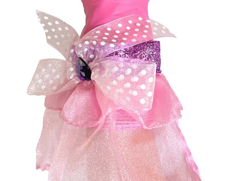 Lady Diamond Designer Dish Gloves, We LOVE this pair of gloves, pink latex, size medium, with a polka dot ribbon bow, purple sparkle band, jewel embellishment and of course a large diamond ring. (close up view)