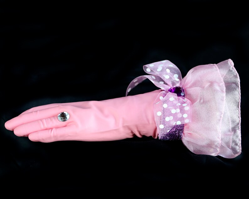 Lady Diamond Designer Dish Gloves, We LOVE this pair of gloves, pink latex, size medium, with a polka dot ribbon bow, purple sparkle band, jewel embellishment and of course a large diamond ring. (another product view)