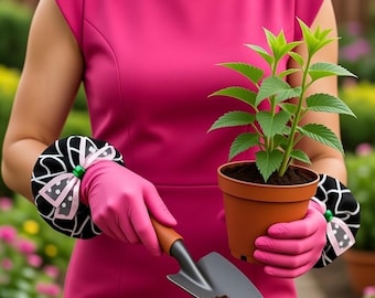Pink Latex Cleaning Gloves, Night Music Style, Flocked Lined, Non-Slip Grip