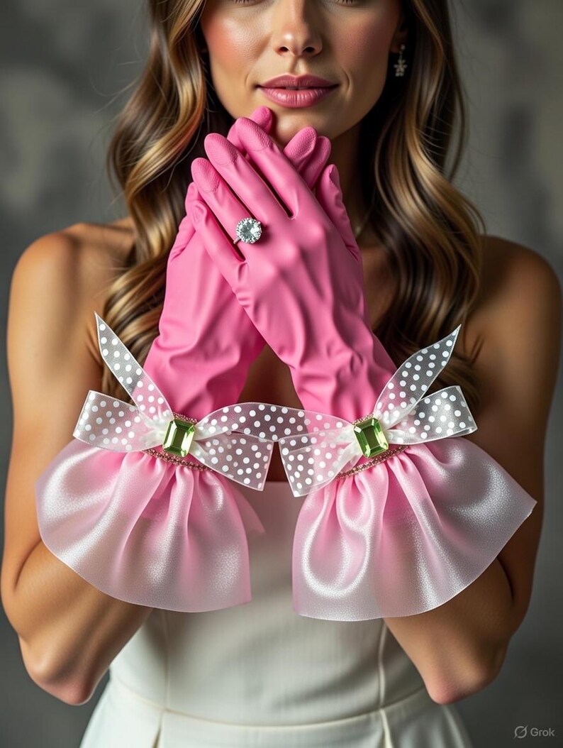 Pair of glossy hot-pink rubber gloves reimagined as glamorous accessories. Elbow-length latex with dramatic, voluminous sheer pink polka-dot organza ruffle cuffs, layered and sparkly. Accented by purple glitter ribbon, large polka-dot bow with purple gem, and a dazzling crystal ring on one finger. Playful, campy, feminine flair.