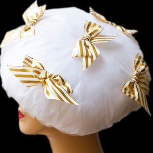 Millionaire! Designer Shower Cap with gold striped ribbon bows,  Shower Goddess. Diva Girl.