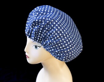 Solid blue with white polka dots, very pretty, very, Liberty of London, made with Liberty of London fabric, designer shower cap.