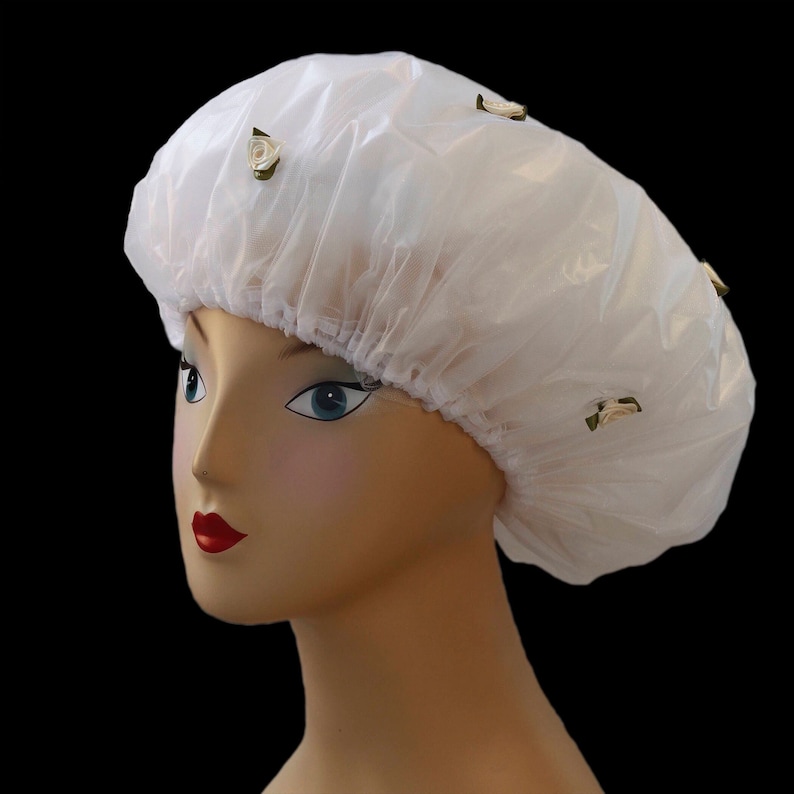 Designer Shower Cap: Beige Roses, Waterproof Bouffant Style
