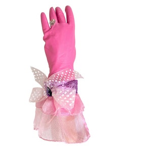 Lady Diamond Designer Dish Gloves, We LOVE this pair of gloves, pink latex, size medium, with a polka dot ribbon bow, purple sparkle band, jewel embellishment and of course a large diamond ring. (another product view)