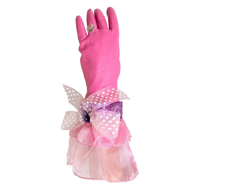 Lady Diamond Designer Dish Gloves, We LOVE this pair of gloves, pink latex, size medium, with a polka dot ribbon bow, purple sparkle band, jewel embellishment and of course a large diamond ring. (another product view)