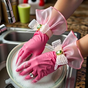 Pair of glossy hot-pink rubber gloves reimagined as glamorous accessories. Elbow-length latex with dramatic, voluminous sheer pink polka-dot organza ruffle cuffs, layered and sparkly. Accented by purple glitter ribbon, large polka-dot bow with purple gem, and a dazzling crystal ring on one finger. Playful, campy, feminine flair.