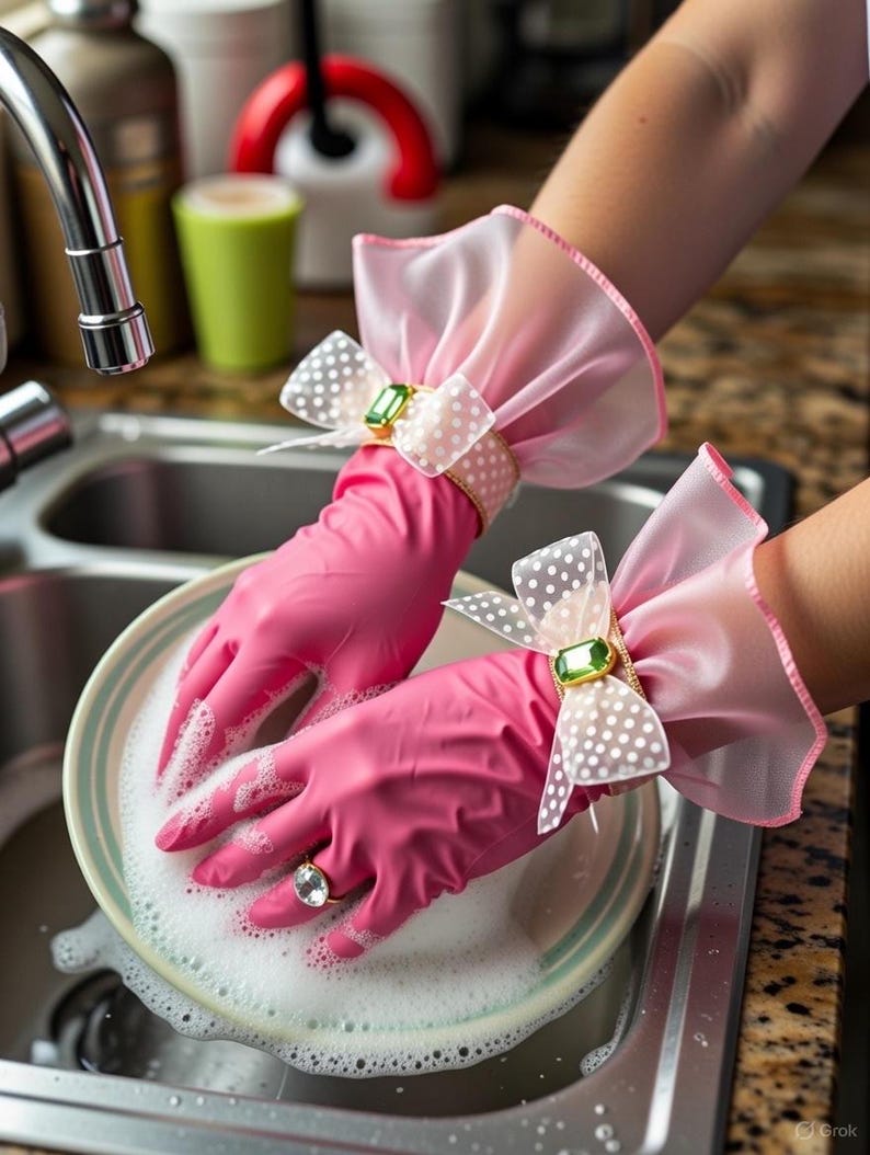 Pair of glossy hot-pink rubber gloves reimagined as glamorous accessories. Elbow-length latex with dramatic, voluminous sheer pink polka-dot organza ruffle cuffs, layered and sparkly. Accented by purple glitter ribbon, large polka-dot bow with purple gem, and a dazzling crystal ring on one finger. Playful, campy, feminine flair.