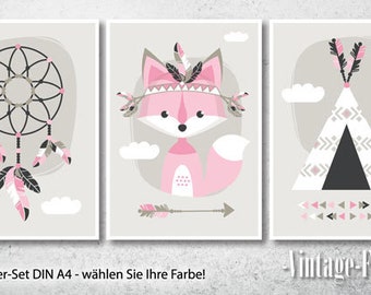 3-er Set Poster Fuchs Bilder Kinderzimmer rosa A4 / A3