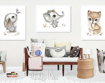 3-er Set Poster Hase, Fuchs, Elefant Bilder Kinderzimmer A4 / A3