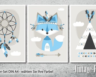 3-er Set Poster Fuchs Bilder Kinderzimmer blau A4 / A3