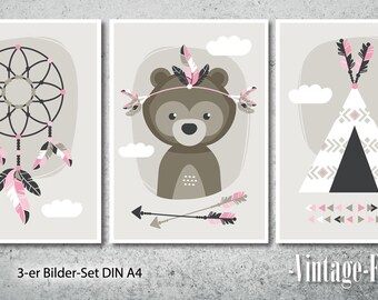 3-er Set Poster Bear Bilder Kinderzimmer rosa A4 / A3