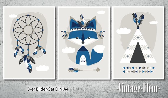 3 Set Poster Fox Pictures Nursery Navy A4 A3 Etsy