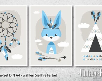 3-er Set Poster Hase Bilder Kinderzimmer blau A4 / A3