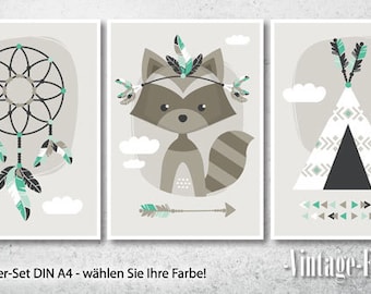 3-er Set Poster Waschbär Bilder Kinderzimmer mint A4 / A3