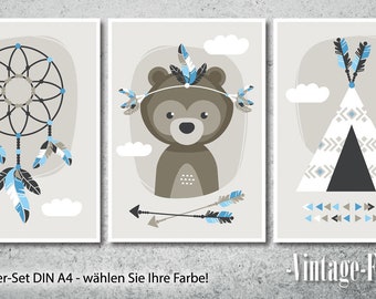3-er Set Poster Bear Bilder Kinderzimmer blau A4 / A3