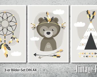 3-er Set Poster Bear Bilder Kinderzimmer gelb A4 / A3