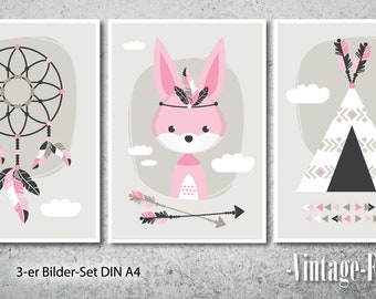 3-er Set Poster Hase Bilder Kinderzimmer rosa A4 / A3