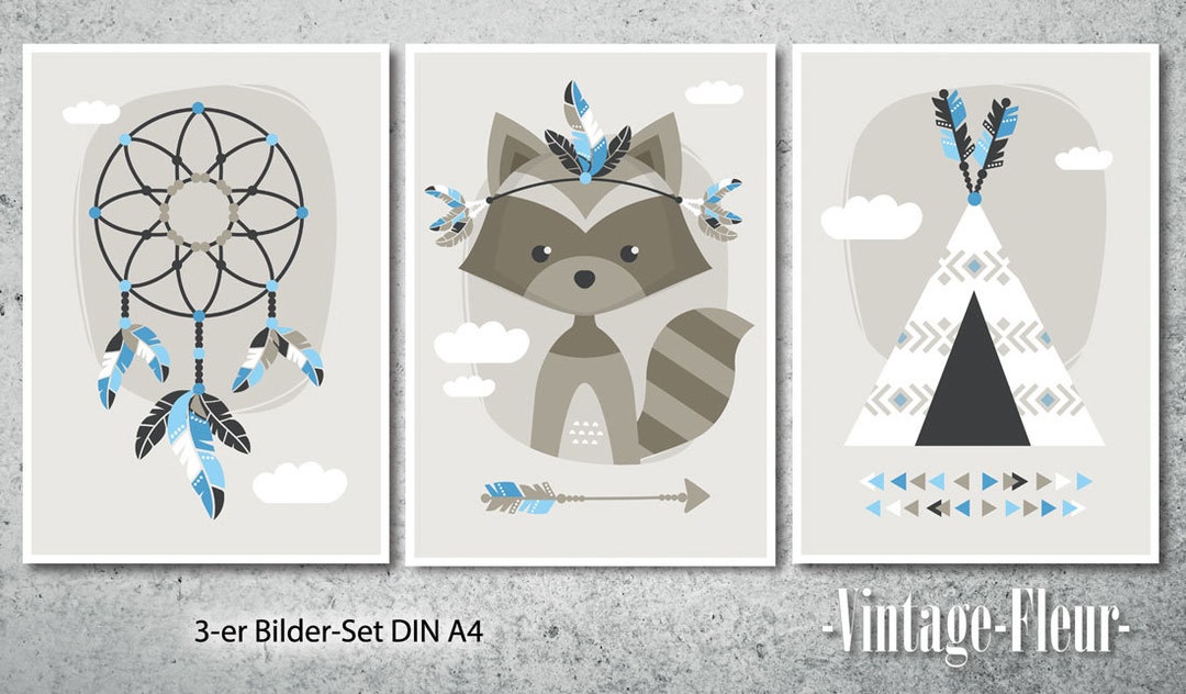 3-set Poster Raccoon Pictures Nursery Blue A4/A3 - Etsy