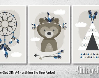 3-er Set Poster Bear Bilder Kinderzimmer navy A4 / A3