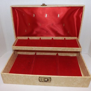 Vintage 60&#39;s Cheney Cream and Gold 2 Tier Jewelry Box with Red Velvet and Satin Lining, Like Lady Buxton