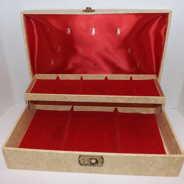 Vintage 60's Cheney Cream and Gold 2 Tier Jewelry Box with Red Velvet and Satin Lining, Like Lady Buxton