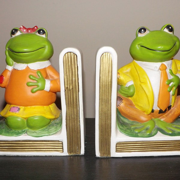 Vintage Lefton China Mr and Mrs. Frog -Male Female Bookends-Handpainted China-Orange-Green