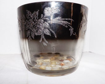 Rare Vitreon Queens Lusterware,Dorothy Thorpe Style Glass Silver Fade Floral Embossed Ice Bucket-Bowl-Barware-Rocks on Bottom