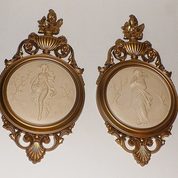 Set 2-Syroco Wall Plaques-Greek Goddess Maidens-Gold Ivory Cameos-Molded Plastic, Decor