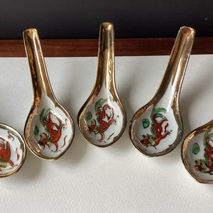Set of 5 Chinese Dragon Porcelain Spoons With Gold Trim