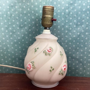Vintage Reverse Painted Pink Boudior Lamp, Glass, Embossed with Painted Roses