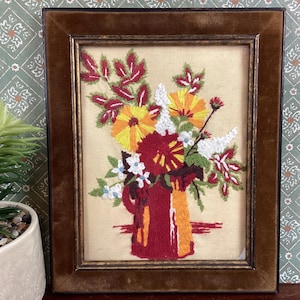 Vintage 1970s Framed Floral Crewel Bouquet, Crewel Creative Stitchery 2110 Autumn Bouquet MCM