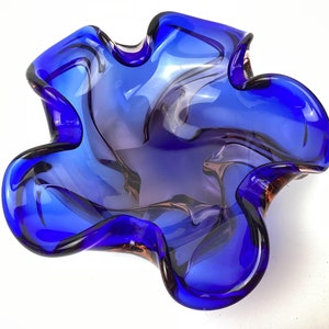 Vintage Czech Blue & Pink Glass Ashtray Bowl