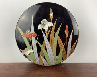 Vintage Otagiri Japan Round Lidded Box, Iris Theme Laquerware