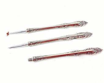 Vintage Silverplate Cosmetic Brush Handles, Ornate Makeup Brush Set of 3
