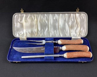 Vintage Duracut Meat Carving Set, Faux Antler Handles, Sheffield England