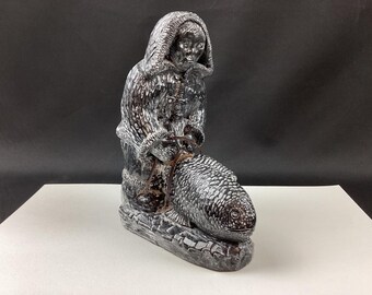 Nuvuk Canada Hand Carved Soapstone Sculpture, Indigenous Inuk Fisherman