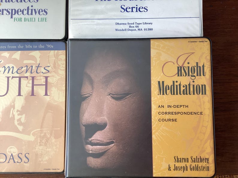 May include: A book cover with a brown and gold design. The title is "Insight Meditation: An In-Depth Correspondence Course" by Sharon Salzberg & Joseph Goldstein. The Dharma Seed Tape Library logo is in the top left corner.