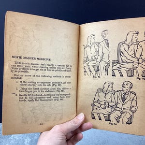 May include: Open book with text "MOVIE MASHER MEDICINE" and illustrations of couples. The text describes methods to deal with a movie theater nuisance. The illustrations are black and white line drawings.